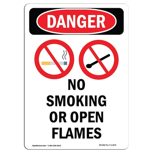 Safety Sign, OSHA Danger, 24" Height, Aluminum, No Smoking Or Open Flames, Portrait